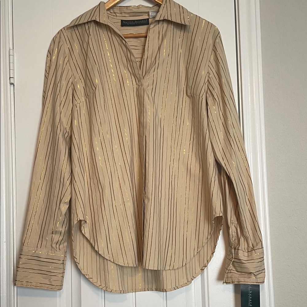 Harvé Benard by Benard Holtzman Gold-Striped Beige Button-Front Blouse